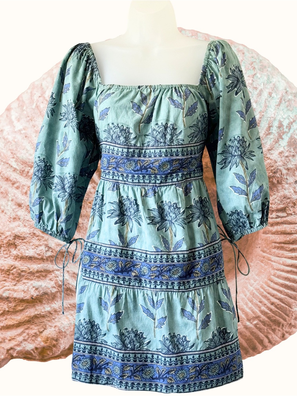 VICTORIA DUNN COTTON SUNFLOWER HAND-BLOCK PRINT DRESS in CORNFLOWER 🍃 ORP$195